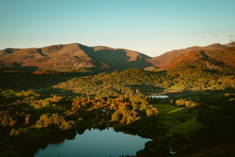 a wide river surrounded by mountains with a forest