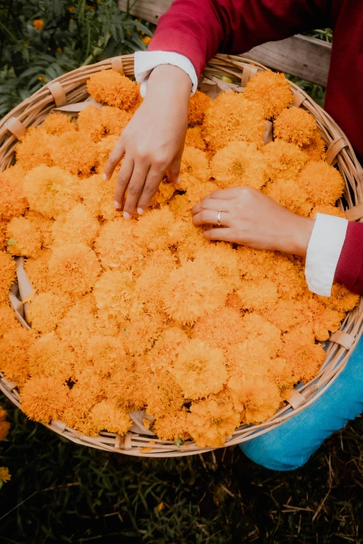 a person holds a basket of food in their hands