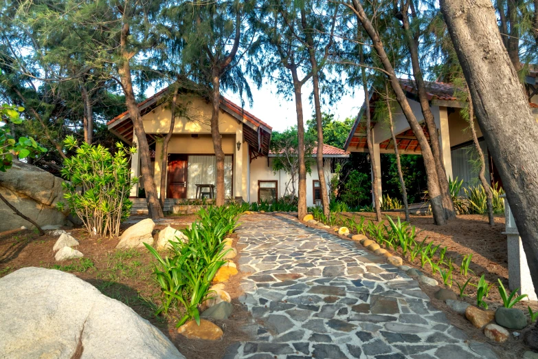 a path to the entrance and guest rooms