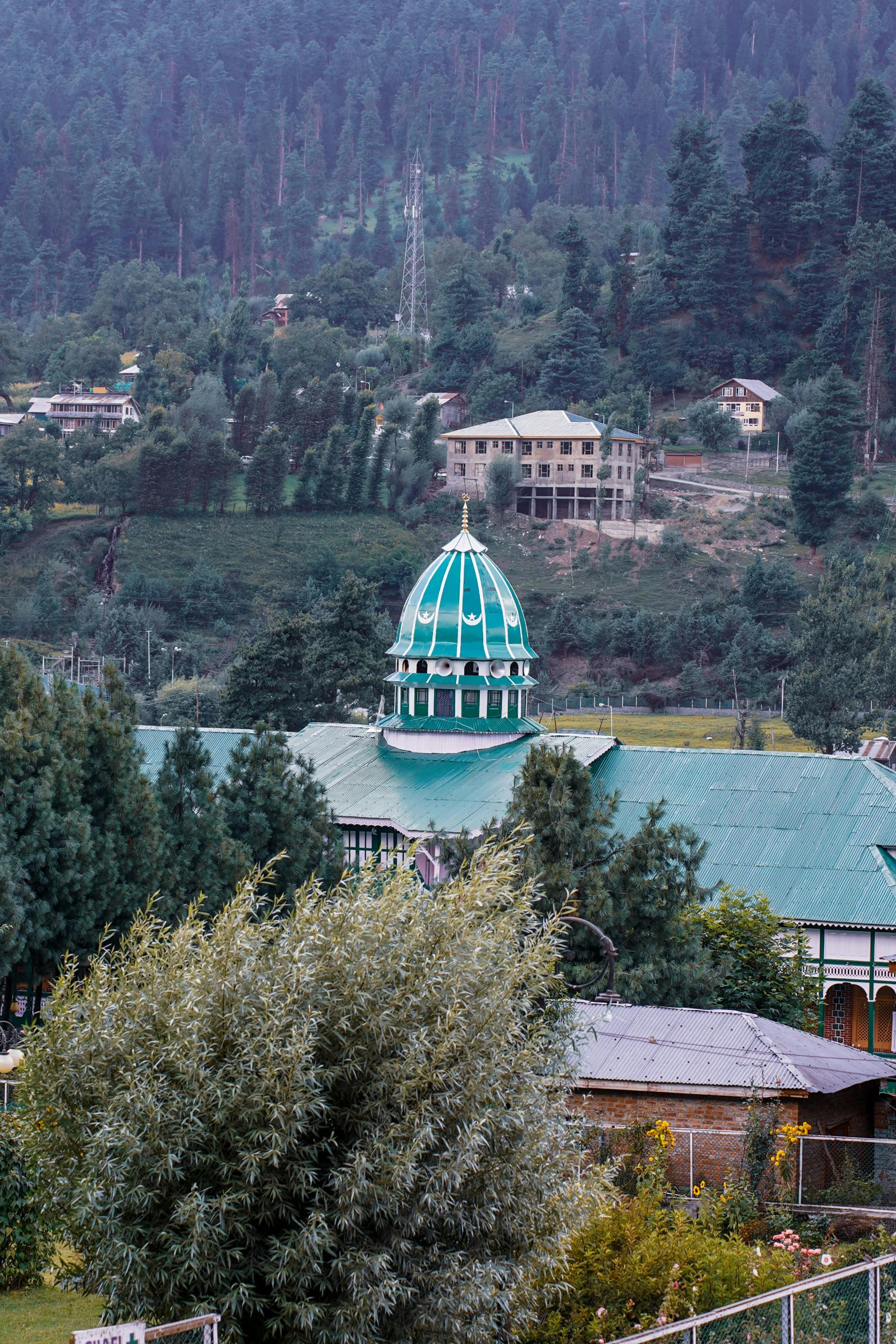 the building in the distance is blue and has a green dome