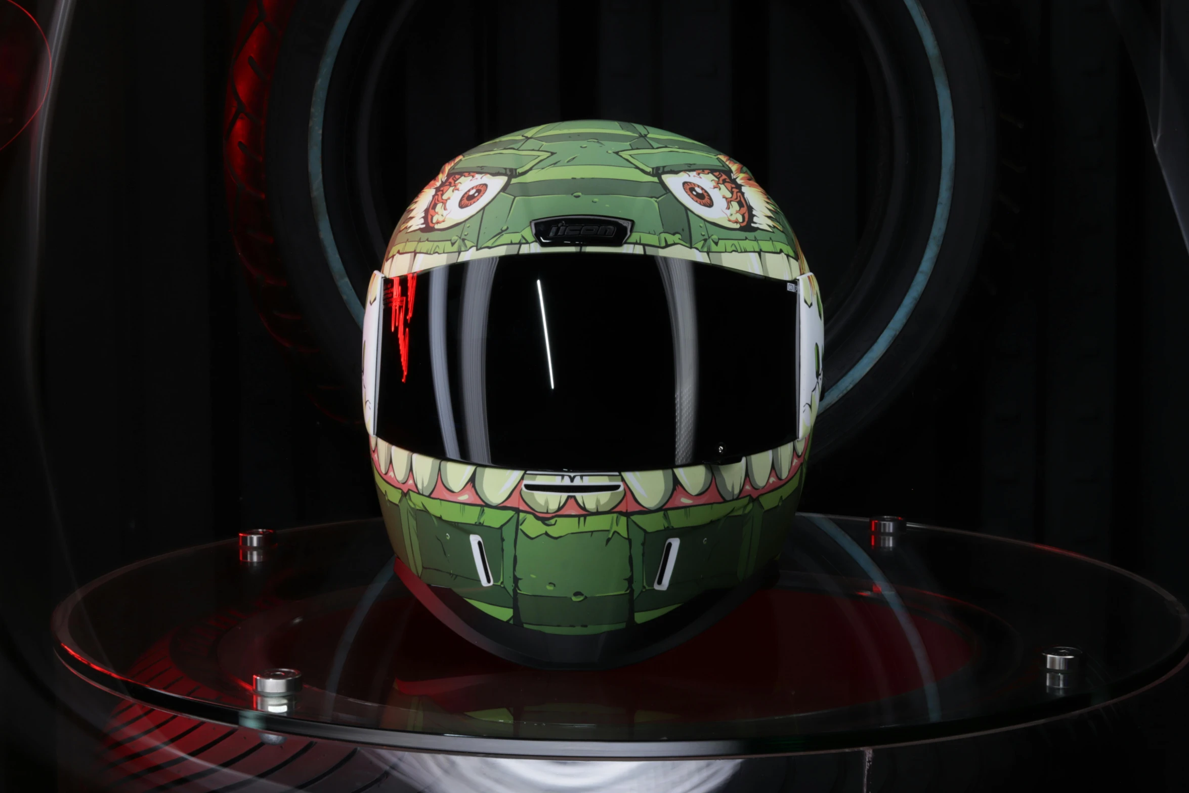 a motorcycle helmet is on display with many rings