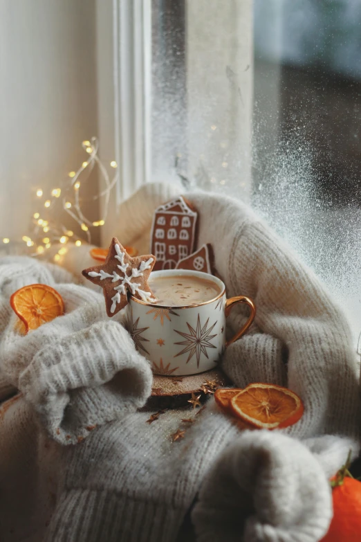 cup of  chocolate and some oranges in front of the window