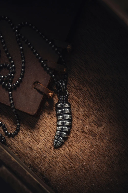 a necklace with a bug lazuc that is laying on a wooden surface