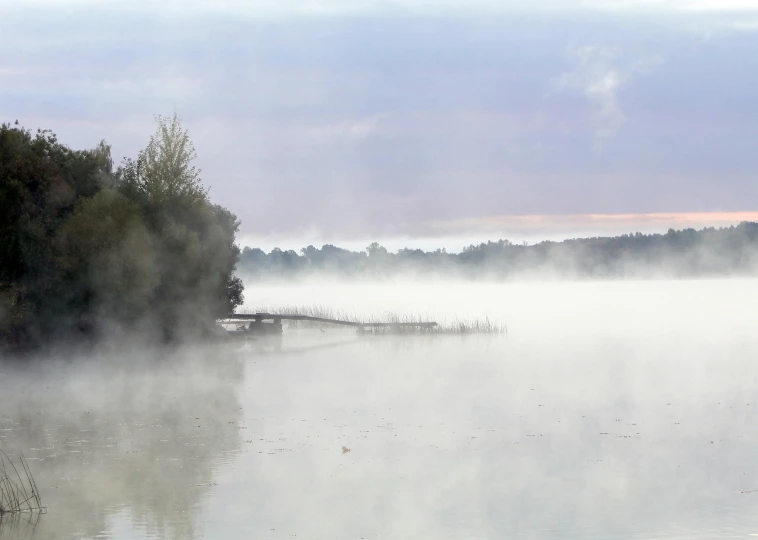 fog covers the water and shore with boats