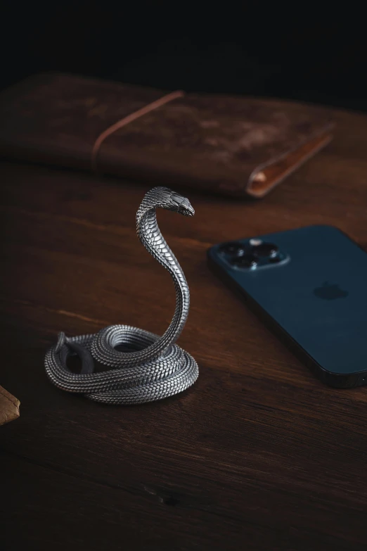 an iphone, snake wrapped in silver wire next to an apple phone