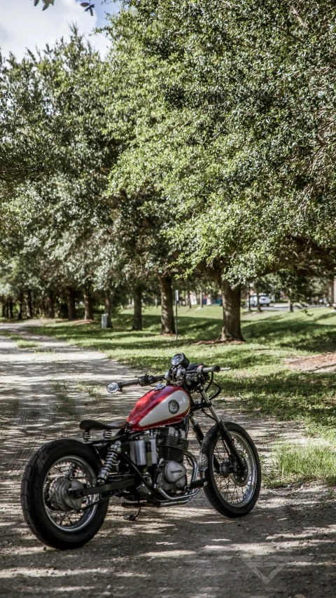 a motorcycle parked in front of a road with trees
