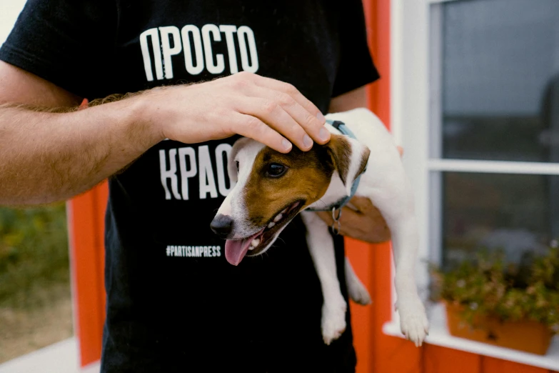 a person is holding a dog with its tongue out