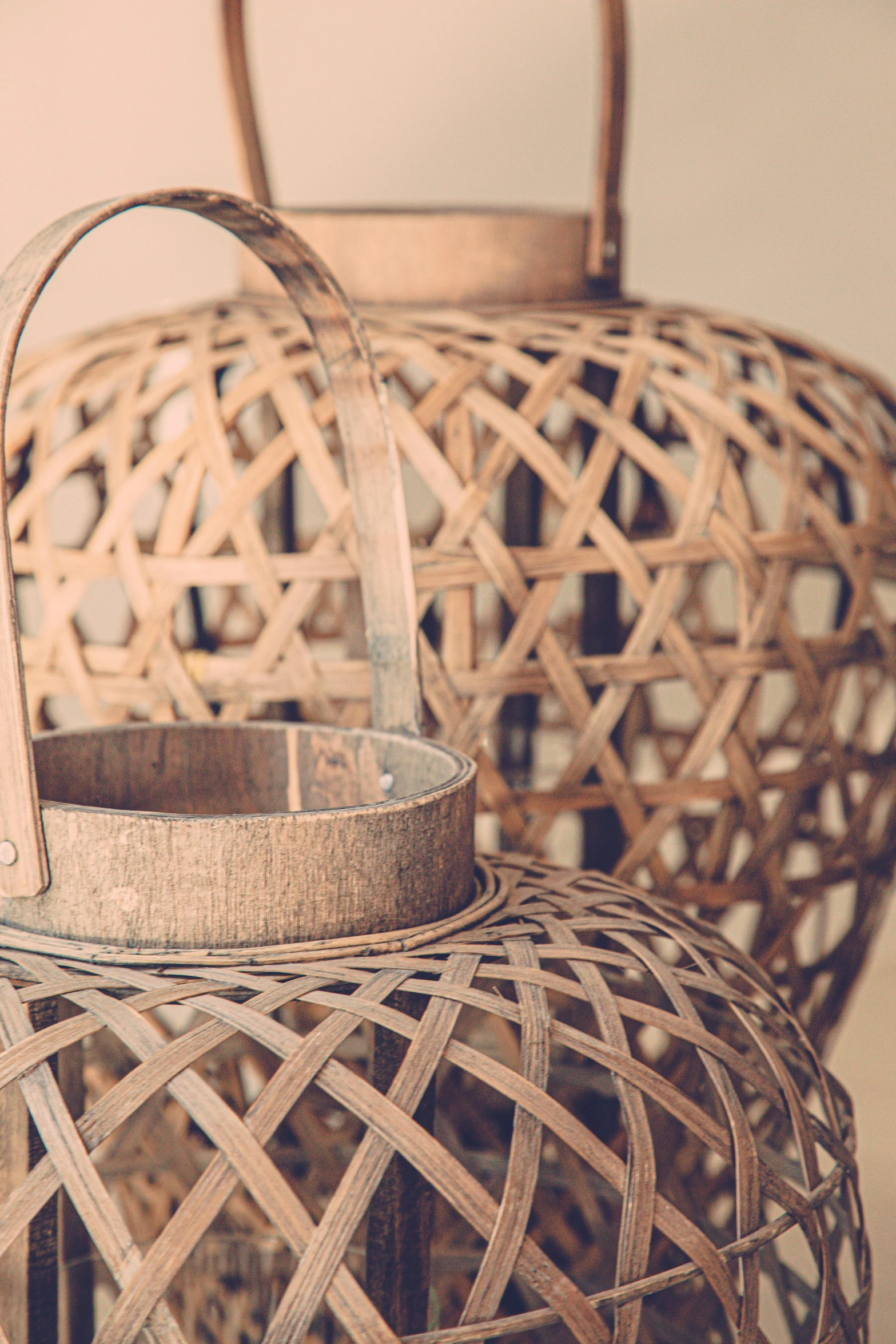 an unusual looking woven basket on a shelf