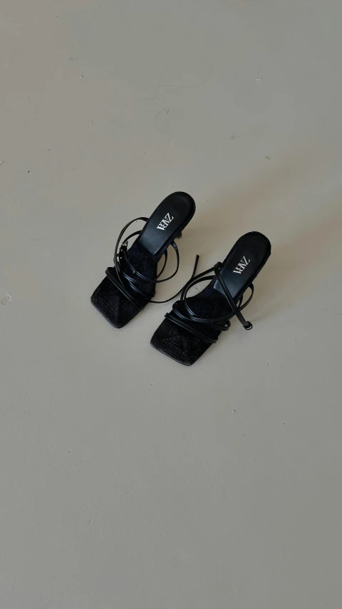 the black sandals are tied to the floor