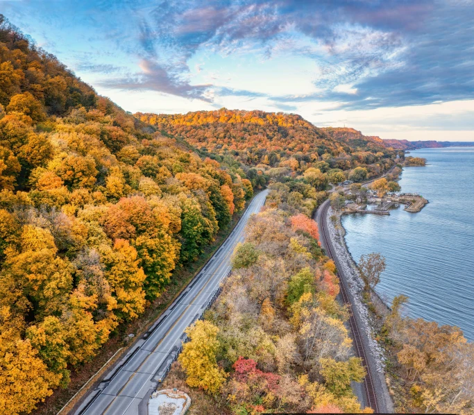 a river with lots of trees around it and some tracks going under it