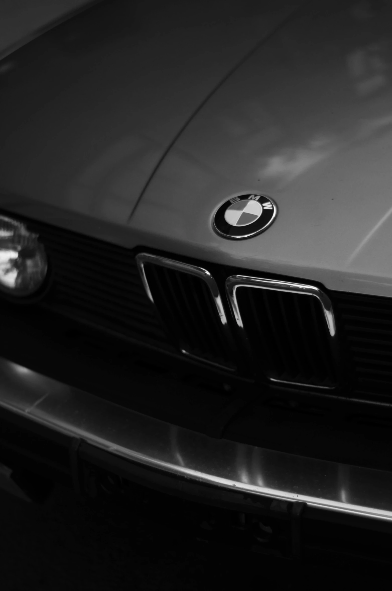 black and white po of front grille and hood of a bmw
