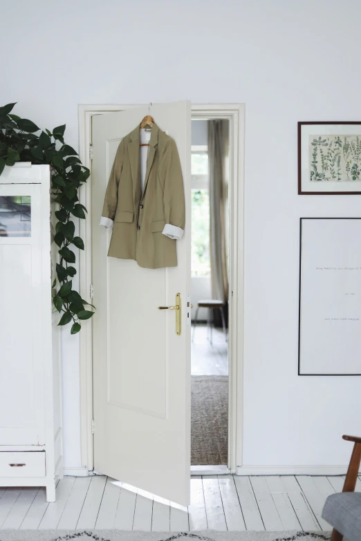 an open white door is to a small room with some clothes and plants