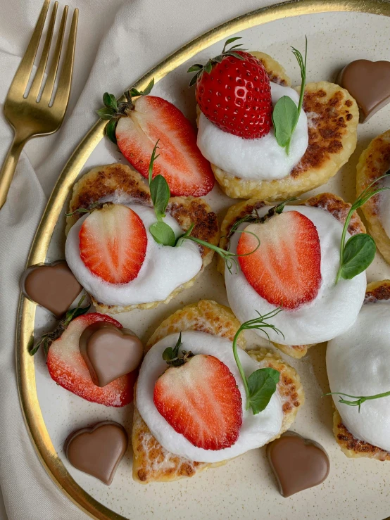 a plate topped with strawberries and other desserts