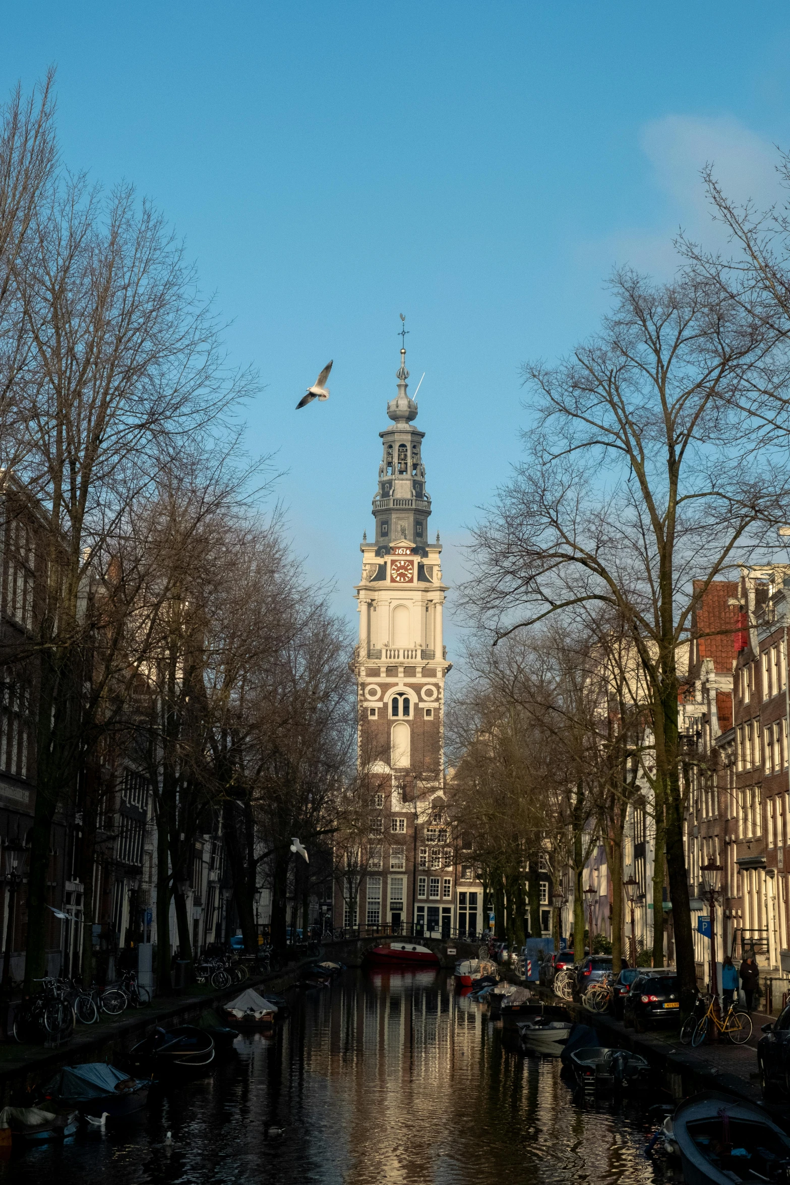 a water way with lots of parked cars and a tower