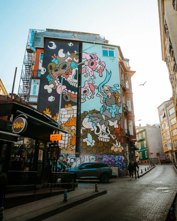 a building covered in cartoon pictures is shown