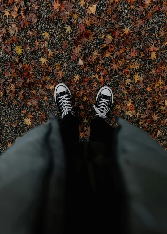 a persons feet standing on the ground with sneakers