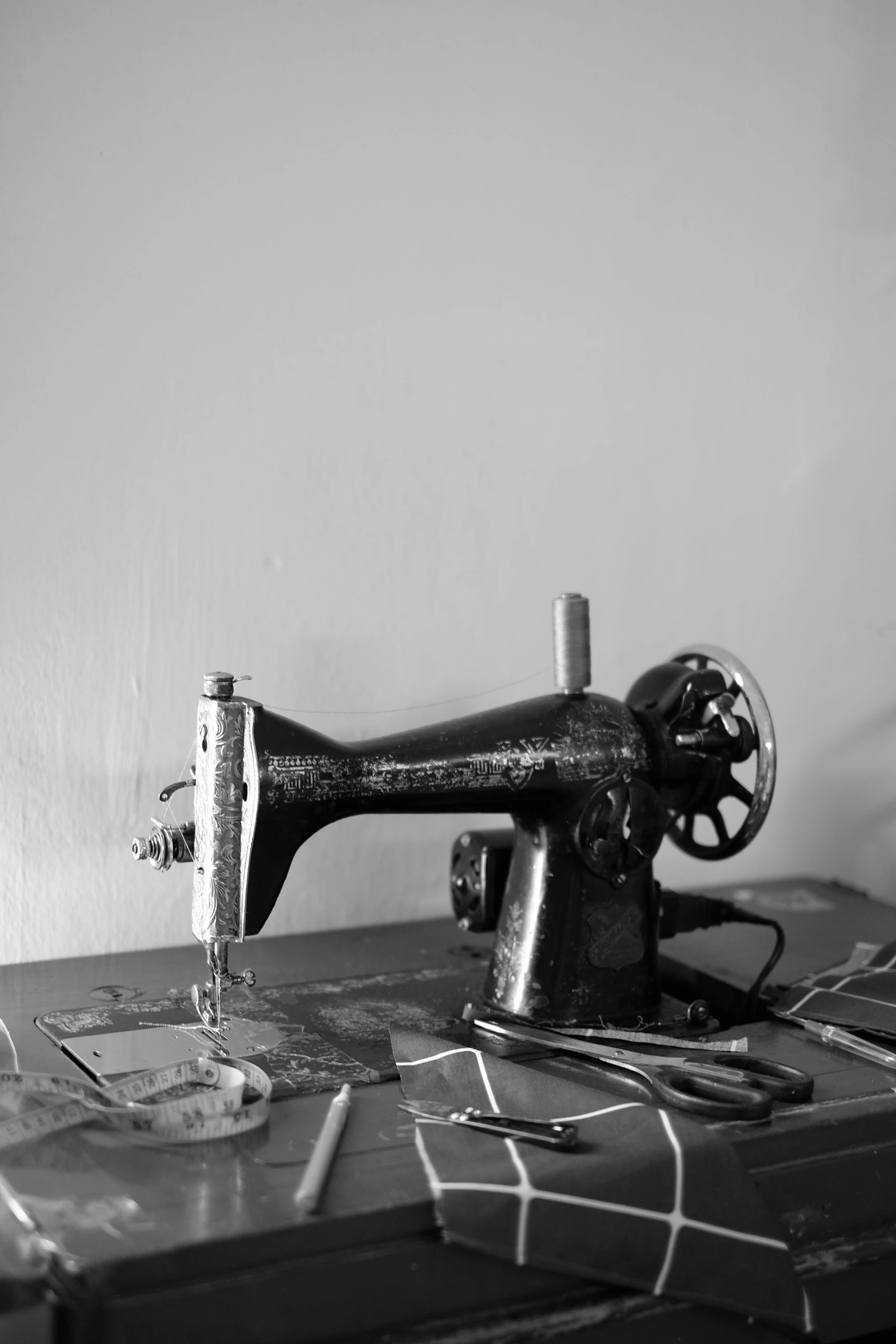 an old sewing machine sits on a table