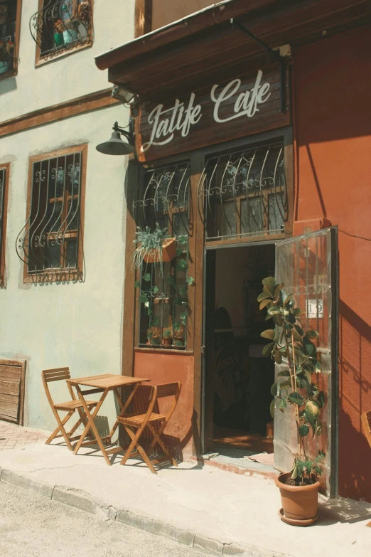 a cafe with table chairs and pots and plants