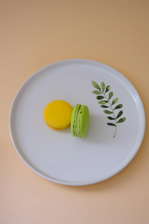 a white plate with yellow and green dessert on it