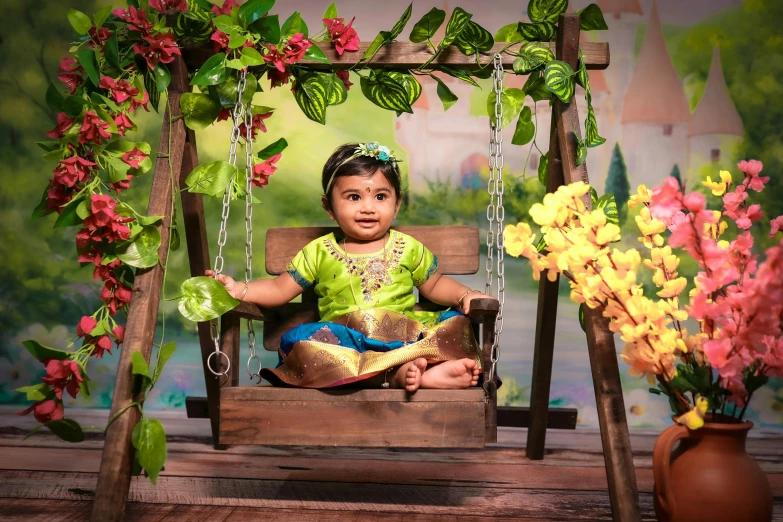 a little girl sitting on a swing