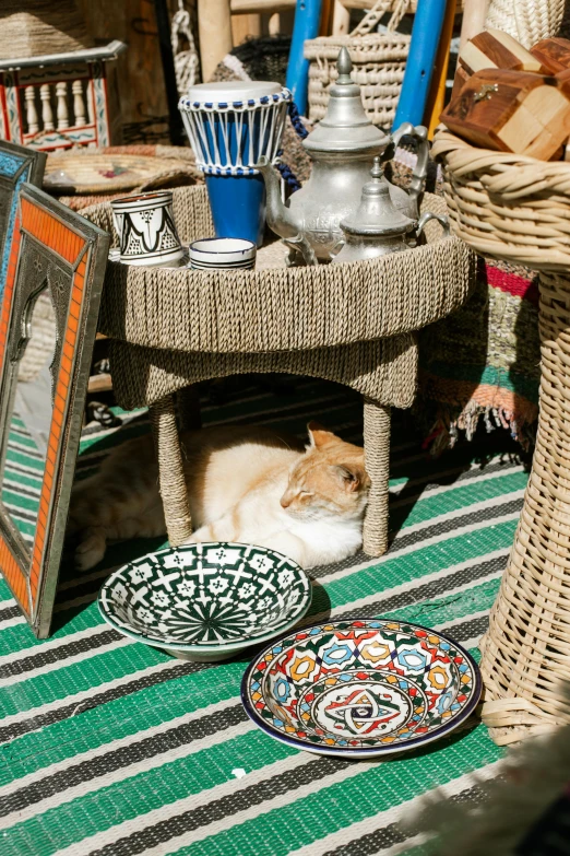 a cat sitting under a small table in the house