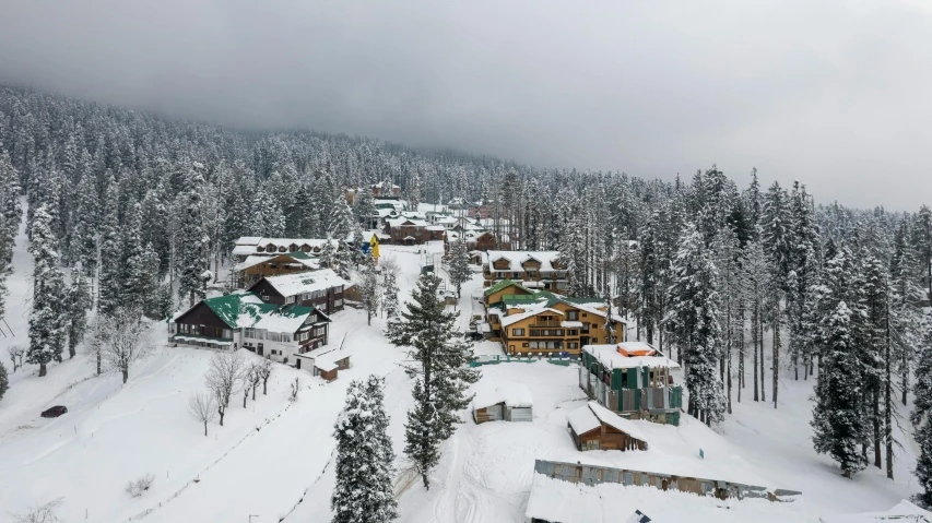 snow covered trees and homes near mountains on cloudy day