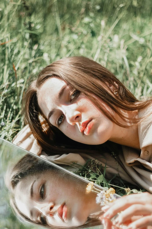 a girl and boy are laying on the grass