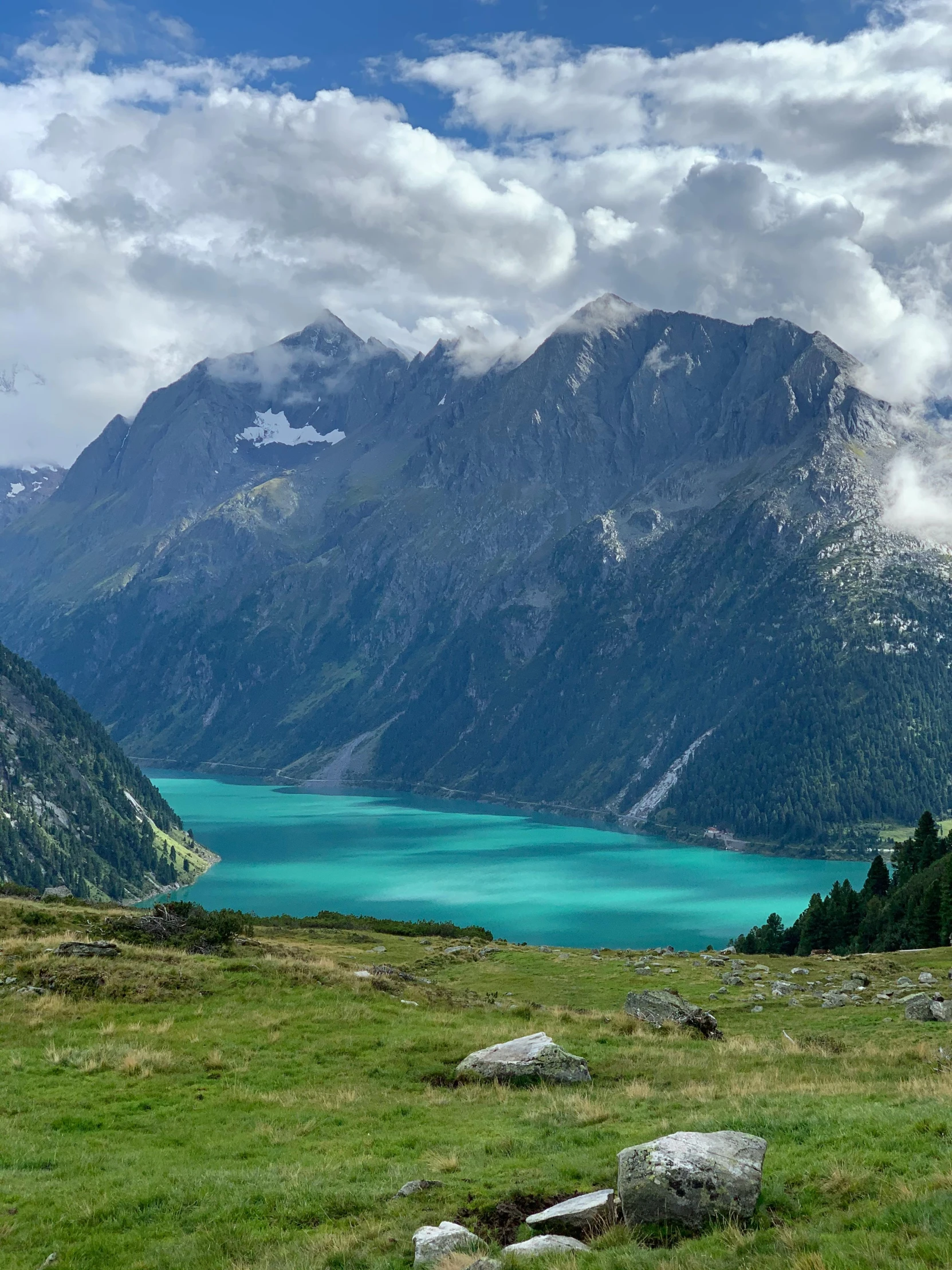 a green field and mountain range with a body of water in the distance