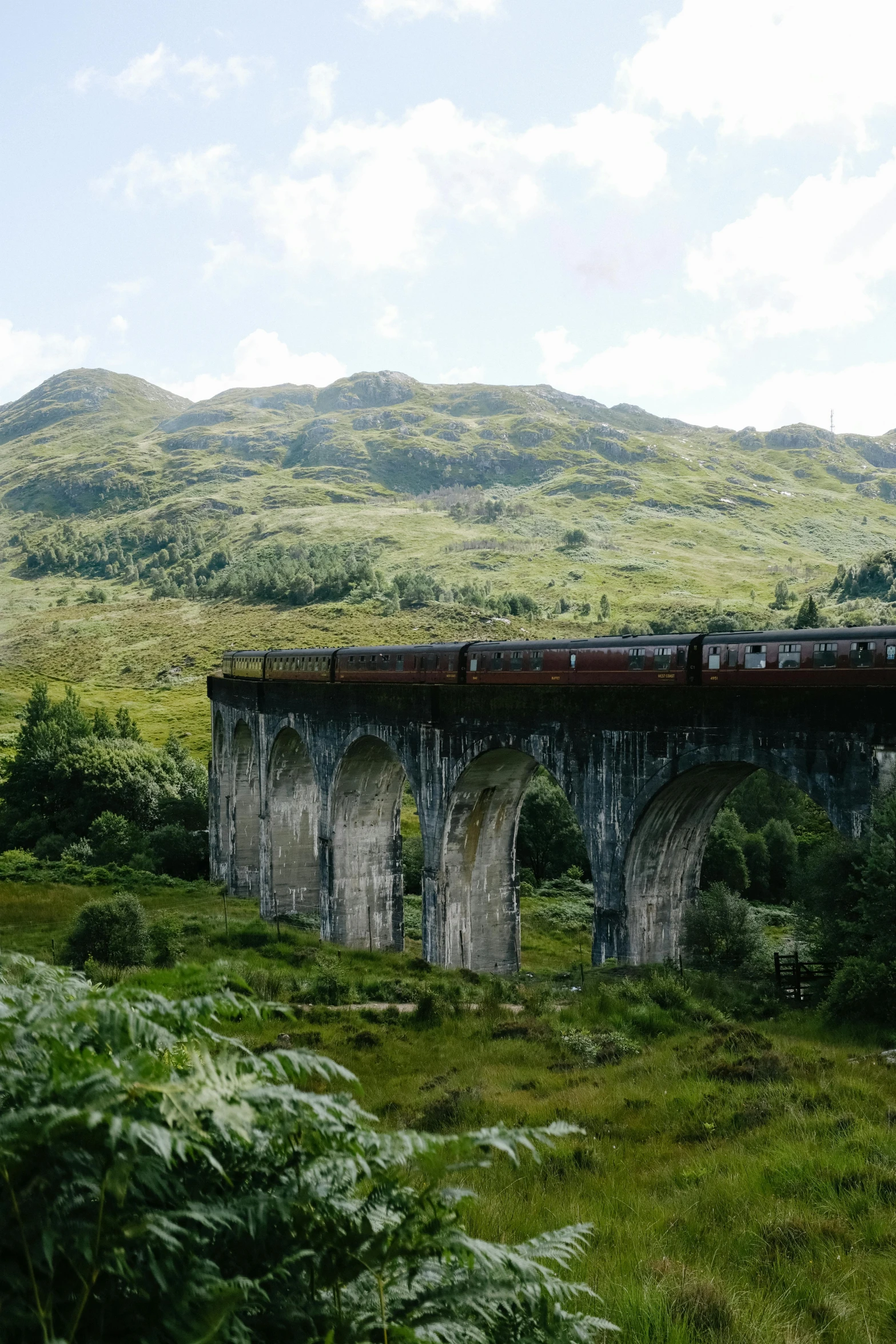 a train traveling across an overpass on a grass covered hill