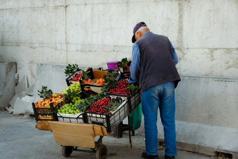 a man hing a cart full of fresh fruits