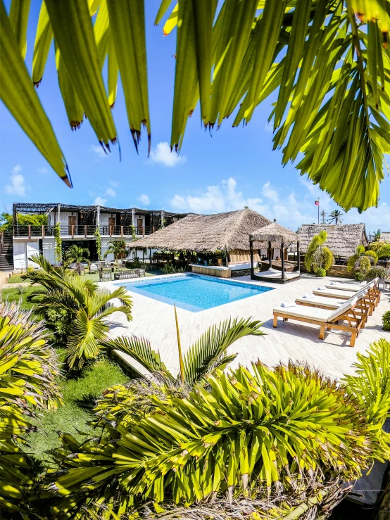 the view of an ocean resort from the pool area