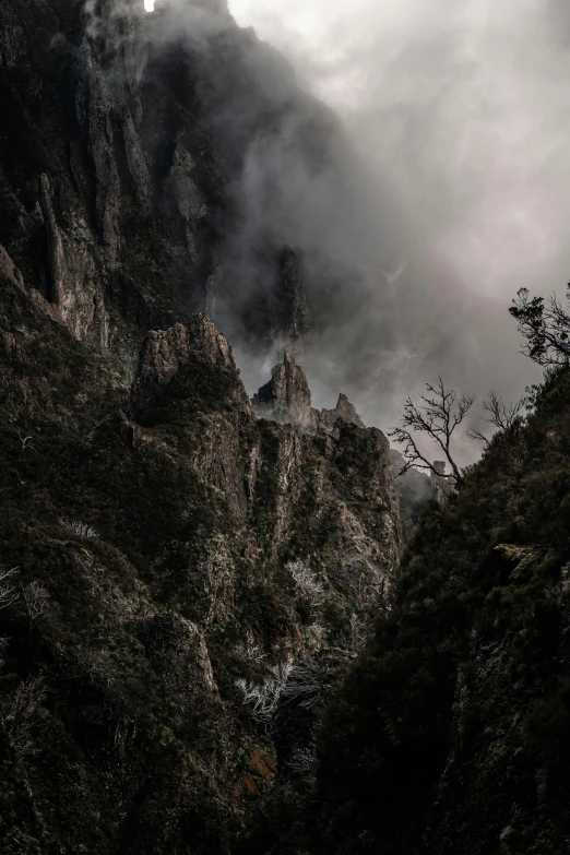 mountains under clouds with dark sky