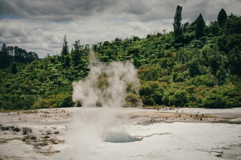 a geyser rises in the middle of a sandy area