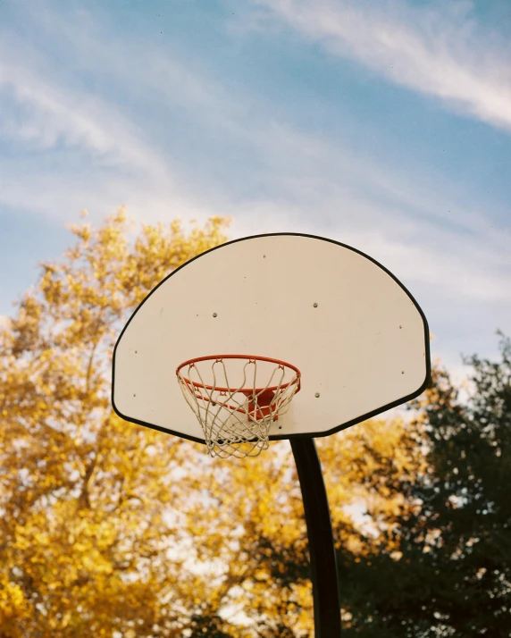 an outdoor basketball hoop with trees in the background