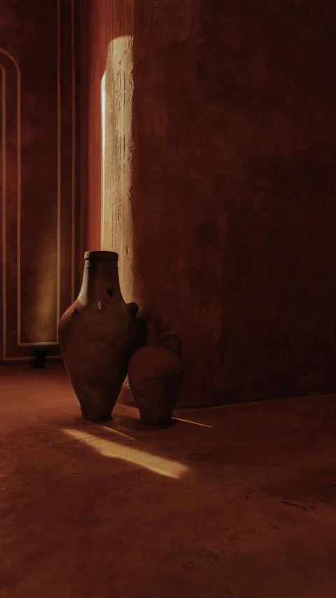 a vase that is on the ground in front of a wall