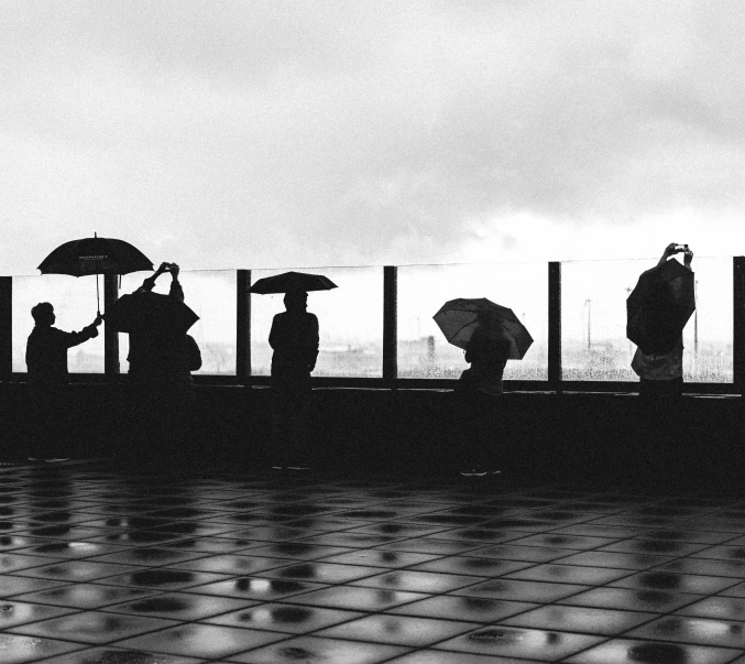 several people are standing outside holding umbrellas