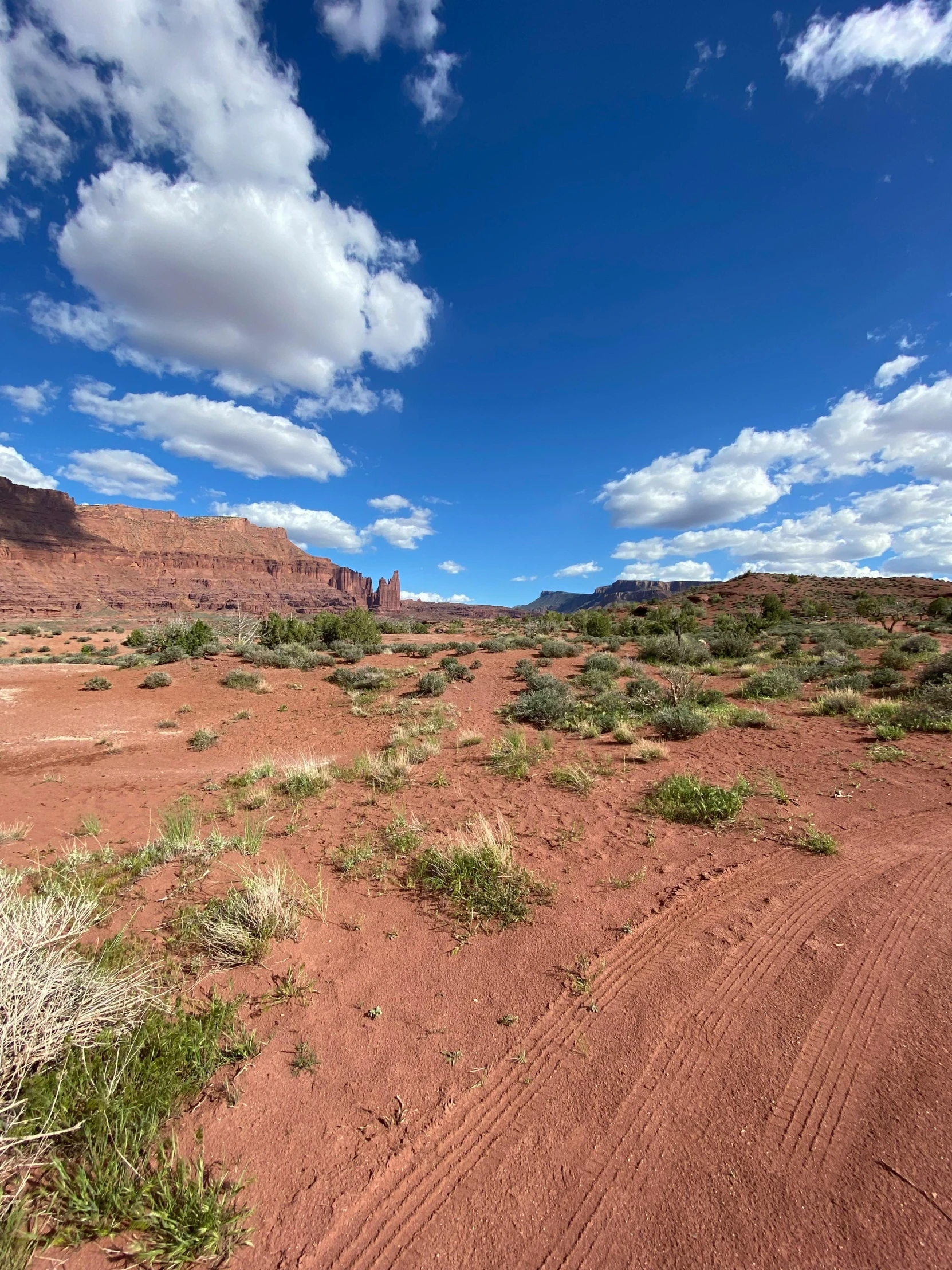 a red dirt road with mountains and blue sky