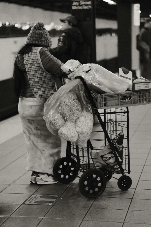 a person hing a shopping cart down a sidewalk