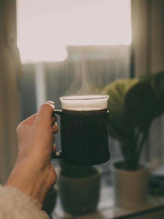 a person holding a cup filled with dark ale