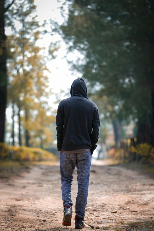 man walking alone in the forest with his back to us