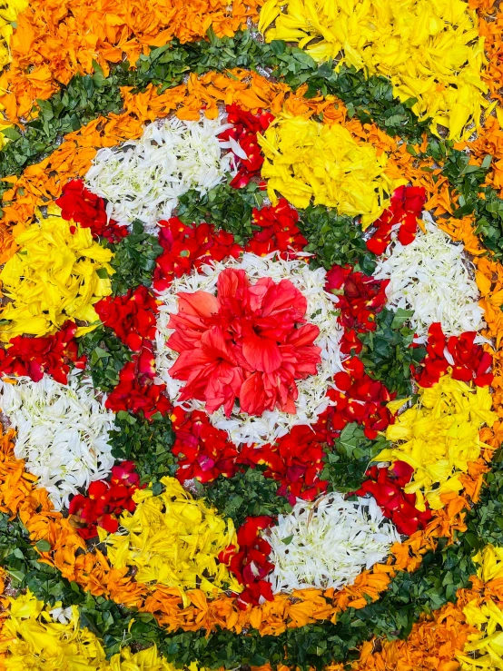 an aerial po showing the colors of flowers on a flower wreath