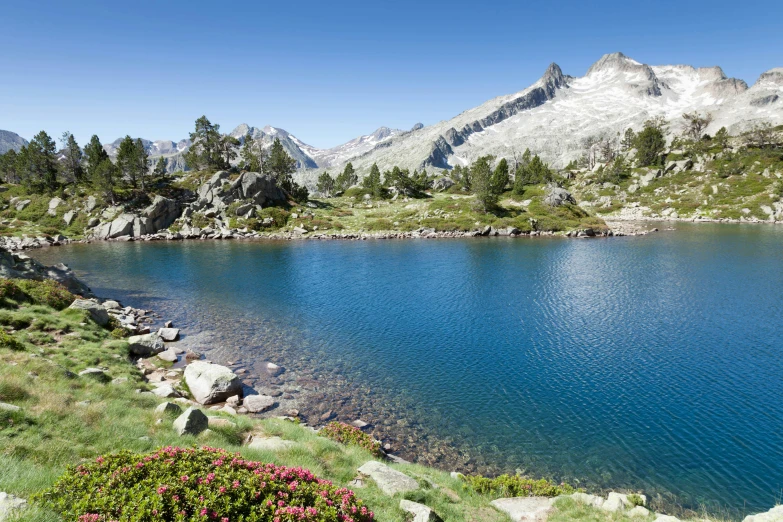 mountain scenery with blue waters surrounded by grassy land