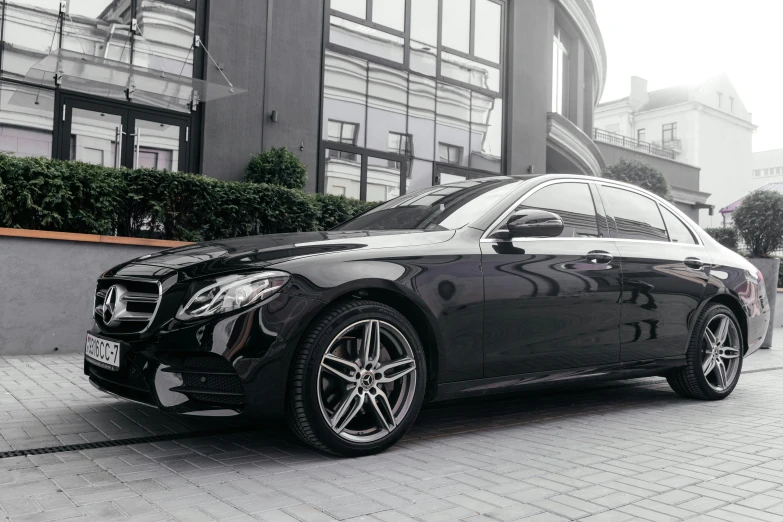 a car parked in front of some buildings