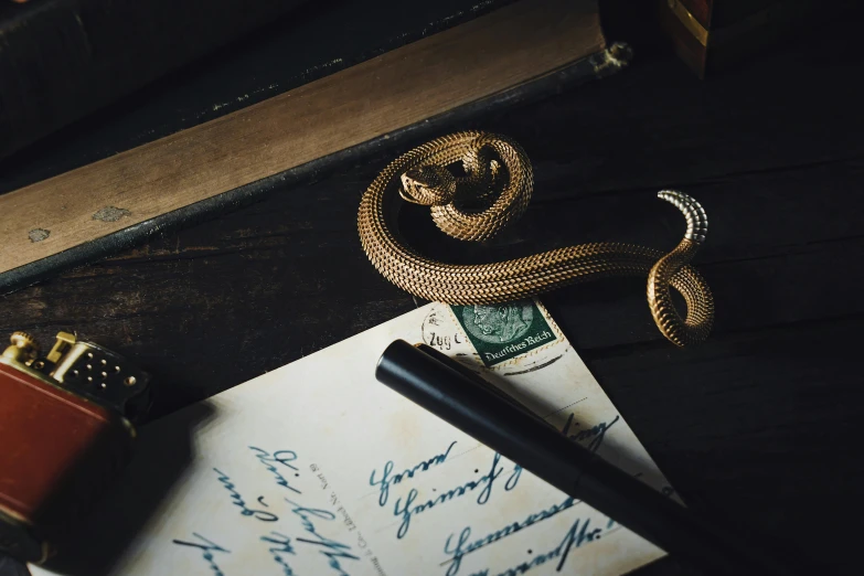 a vintage phone, pen, and a snake on the desk