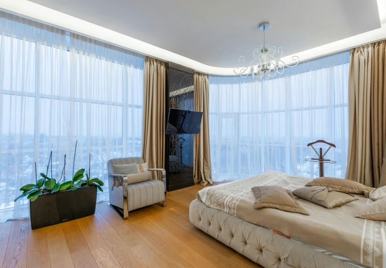 a big bedroom with two lamps on the ceiling