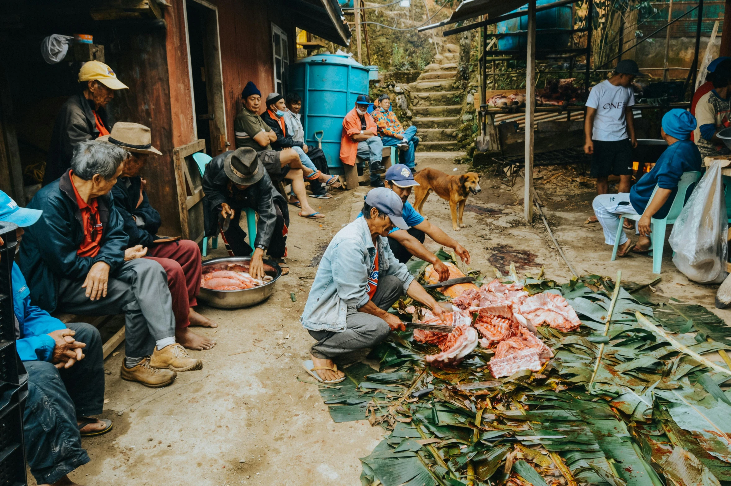 many people are gathered around outside and eating