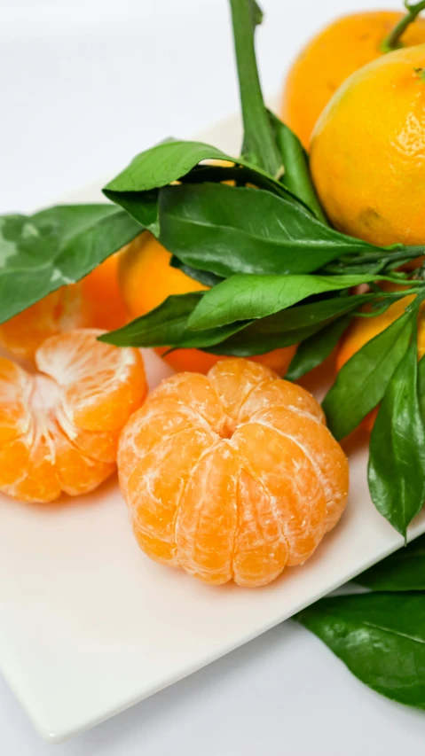 the oranges have been cut in half with leaves around them