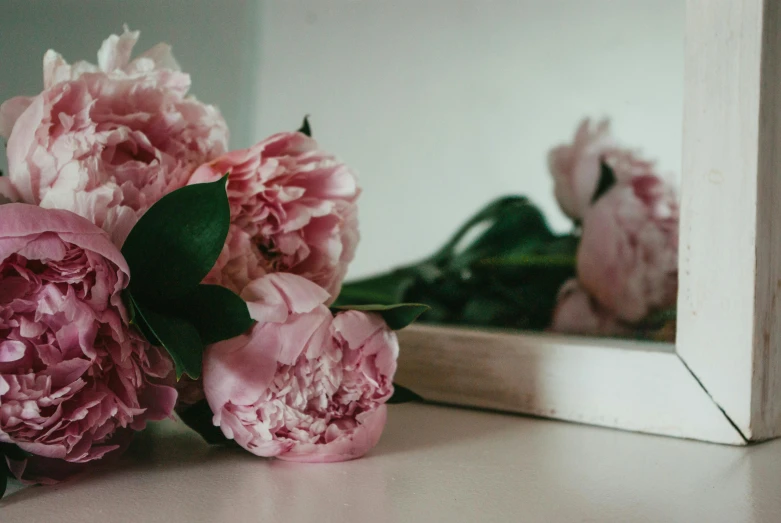 pink flowers sitting on top of a counter next to a mirror