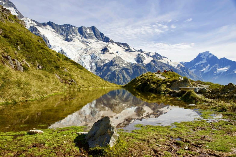 mountains reflected in a mountain lake, with a rock and grass meadow