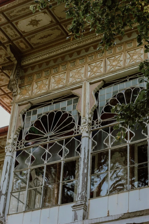 ornate windows covered in vines and vines decorate the outside wall of an old building